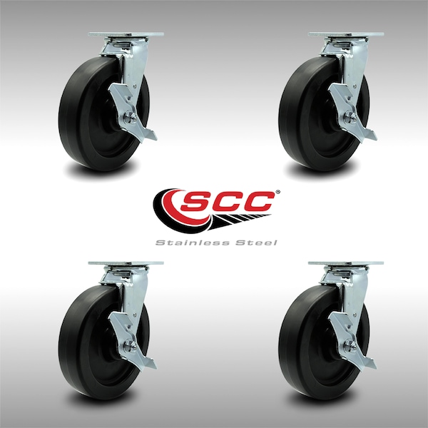Service Caster 8 Inch SS Polyolefin Swivel Caster Set with Roller Bearings and Brakes SCC SCC-SS30S820-POR-TLB-4 - main